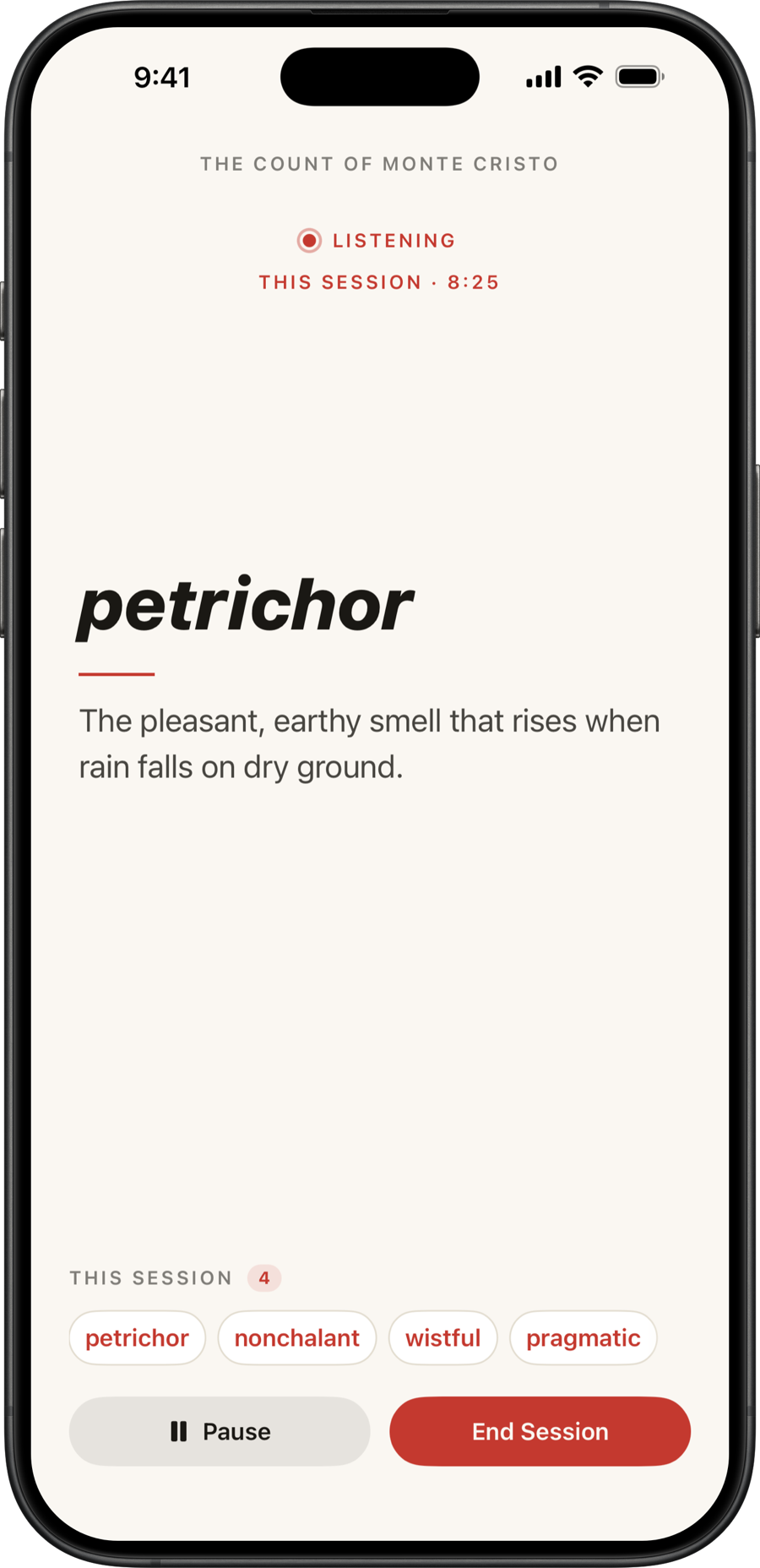 A Faria reading session defining petrichor while listening