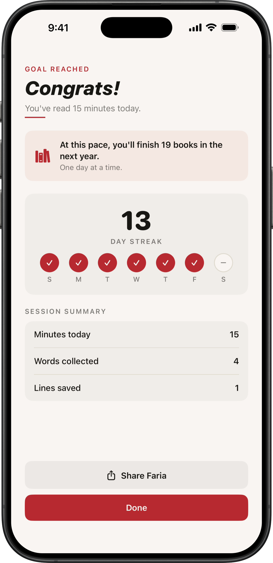 A completed Faria session with minutes read, words collected, and the current streak
