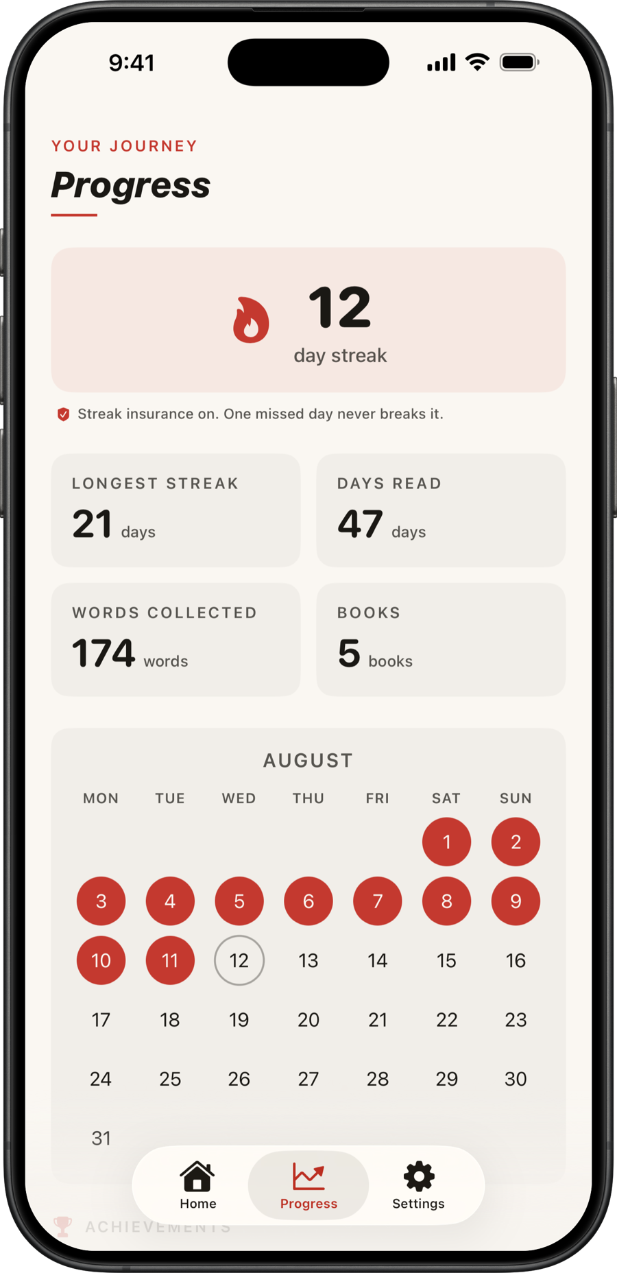 Faria progress screen showing a reading calendar and words collected