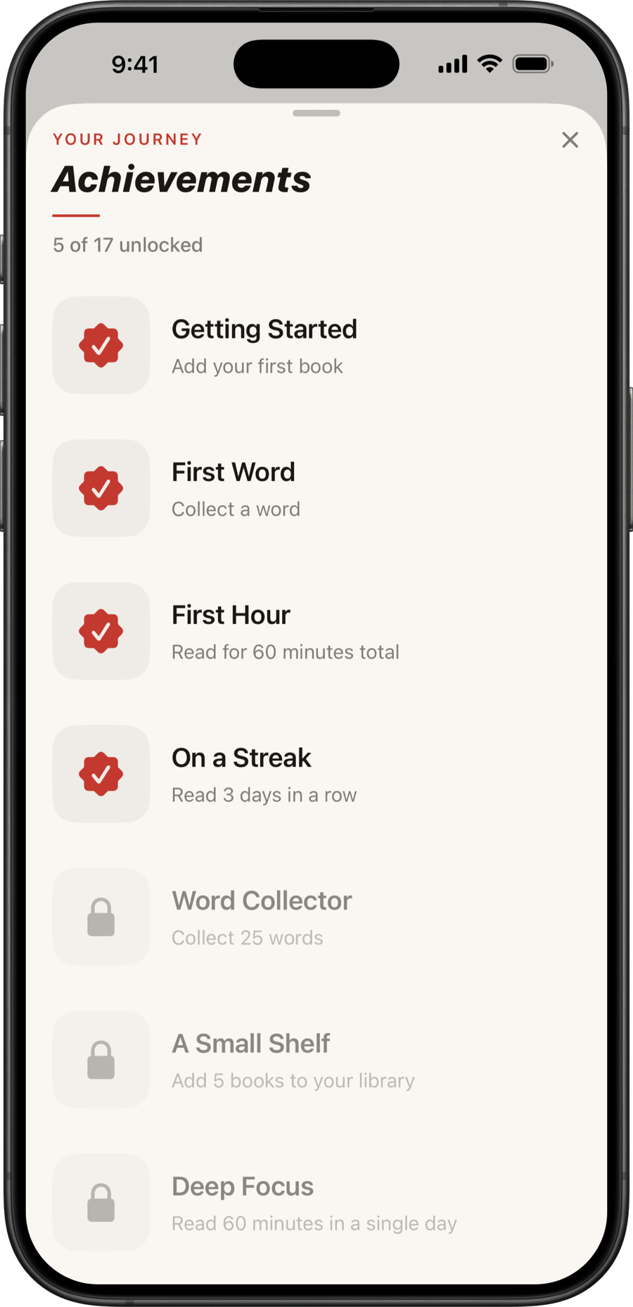 Faria achievements showing reading milestones already unlocked and still ahead