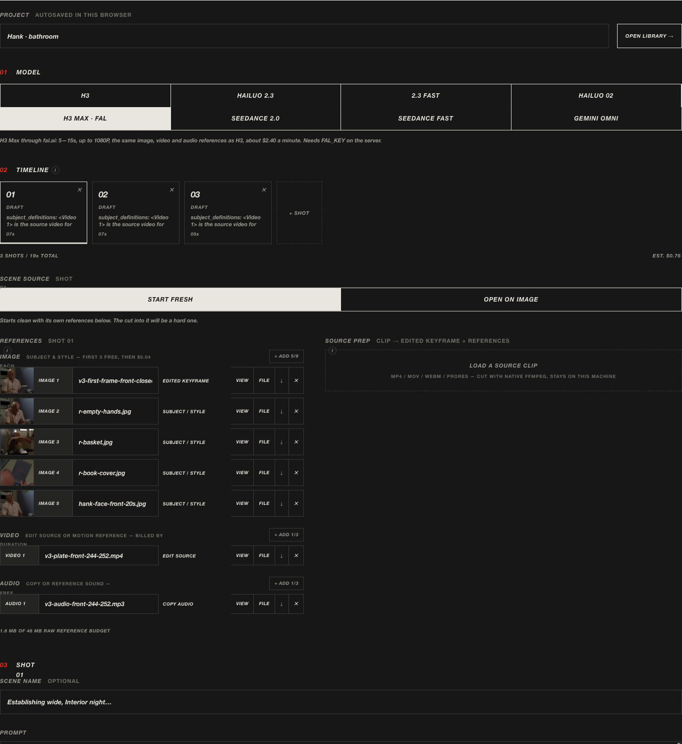 The studio with the three shots on the timeline and shot 1 open: model picker, references with their roles, the prompt